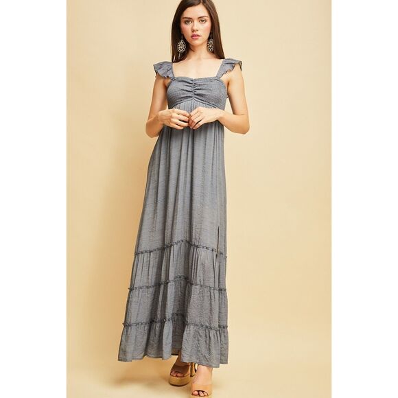Long Tiered Maxi Sundress in Denim Color by Entro - Picture 1 of 8